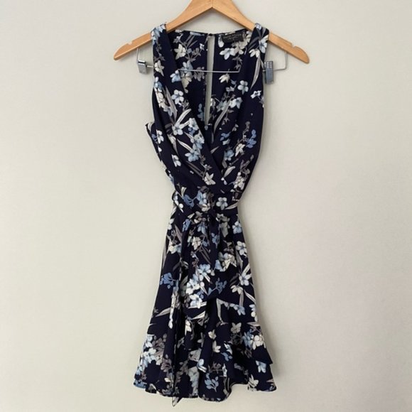 DRESS FORUM Blue Floral Sleeveless Ruffle Tie Mini Dress - Picture 3 of 13